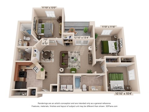 Floor plan for 3 beds, 2 baths, 1199 sqft